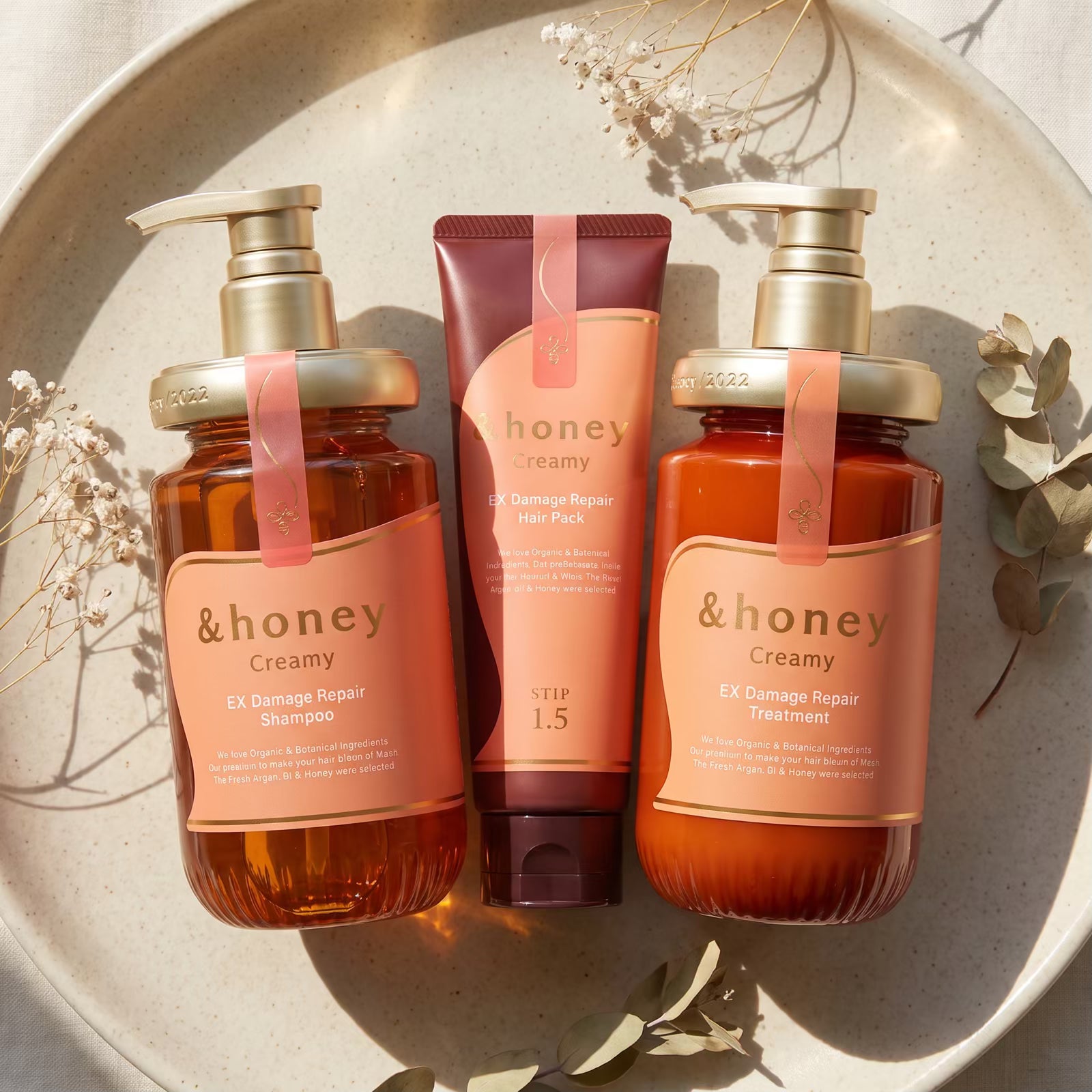 & Honey Creamy EX Damage Repair Shampoo 450ml, Treatment 450g & Mask 130g Set — GIFT TOP ANGLE