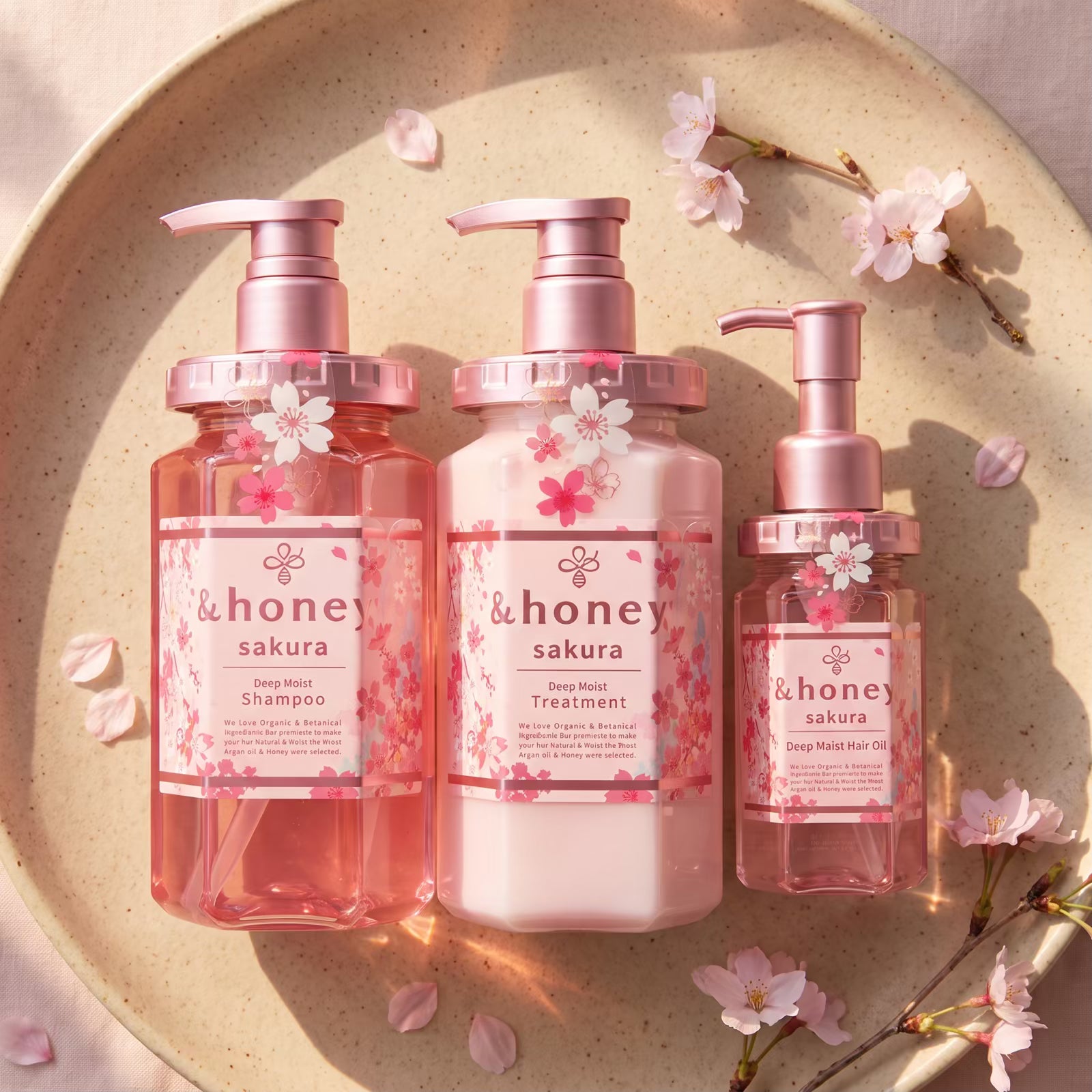 & Honey Sakura Limited Edition Shampoo 440ml, Treatment 445g & Hair Oil 100ml Set — GIFT TOP ANGLE