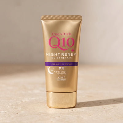 Kose Coenrich Q10 Night Renew Hand Cream 80g — macro lifestyle view