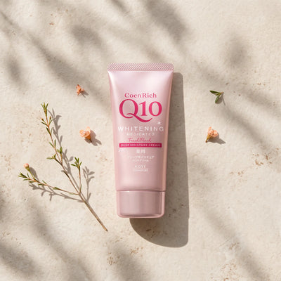 Kose Coenrich Q10 Whitening Fresh Peach Hand Cream 80g — top angle lifestyle view
