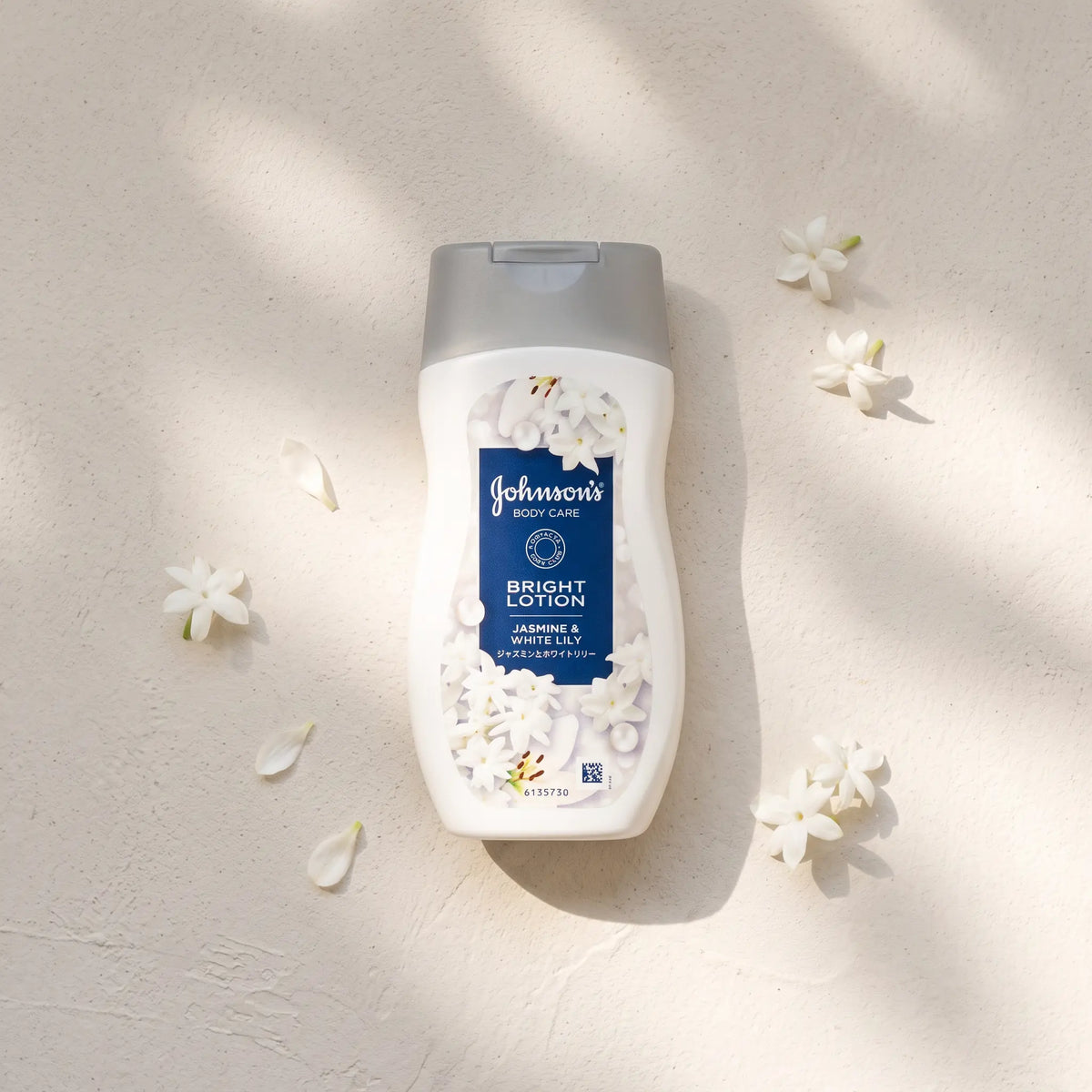 Johnson's Japan Body Care Bright Lotion Jasmine & White Lily 200ml — GIFT - TOP ANGLE lifestyle view